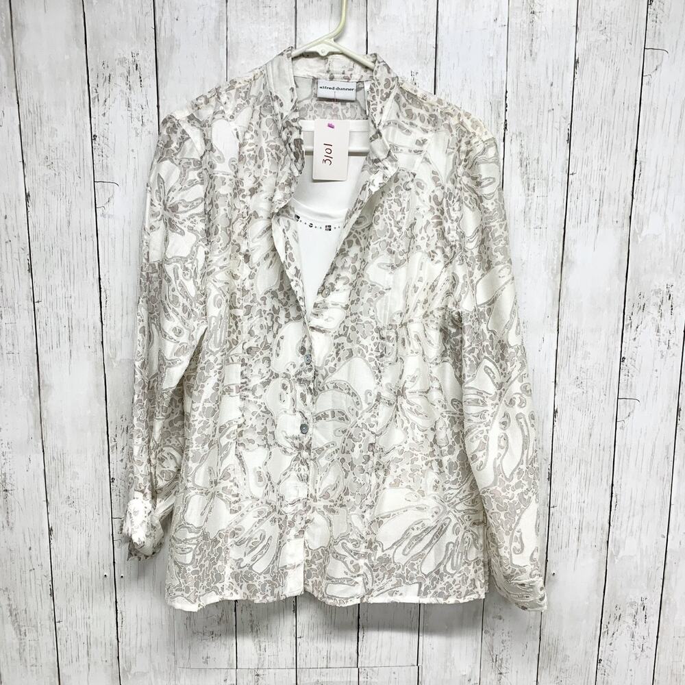 Alfred Dunner Shirt Women 10 Floral Botanical Collared Inset Long Sleeve Button